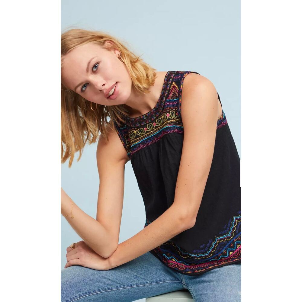Akemi + Kin Anthropologie Mesa Embroidered Sleeveless CottonTop sz 4 Boho Beaded - Picture 10 of 10